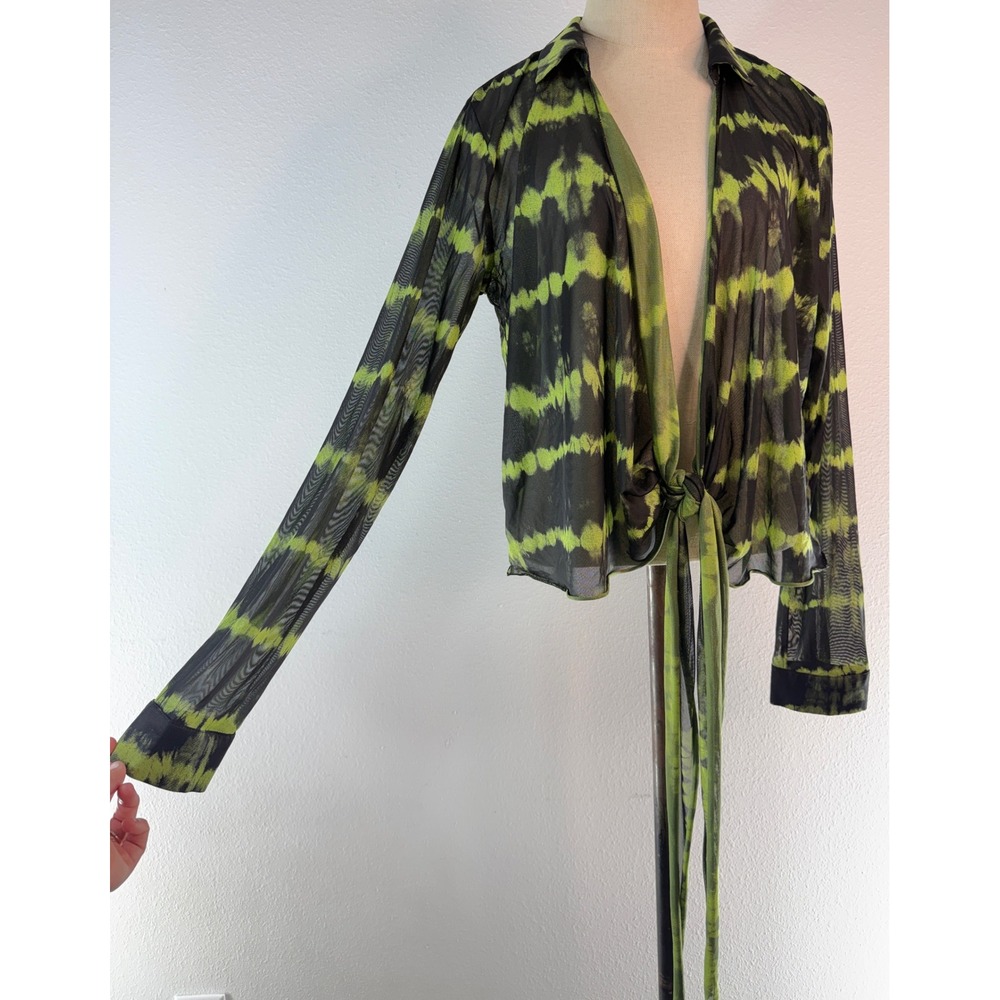 I.AM.GIA Mesh Tie Front Cardigan Women Medium Black Lime Green Fairy Grunge Goth